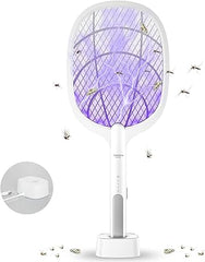 DANGZW Electric Fly Swatter, 3000V USB Rechargeable Fly Killer Bug Zapper Racket with Charging Base, Home and Outdoor Mosquito Killer with LED Light for Mosquitoes, Flies, Bees, Moths (White)