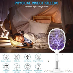 DANGZW Electric Fly Swatter, 3000V USB Rechargeable Fly Killer Bug Zapper Racket with Charging Base, Home and Outdoor Mosquito Killer with LED Light for Mosquitoes, Flies, Bees, Moths (White)